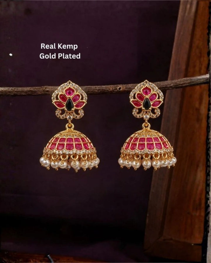 Real Kemp Gold Plated Traditional Ruby Jhumkas