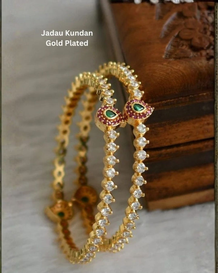 Gold Plated Emerald Jadau Kundan Mango Motif Bangles For Kids