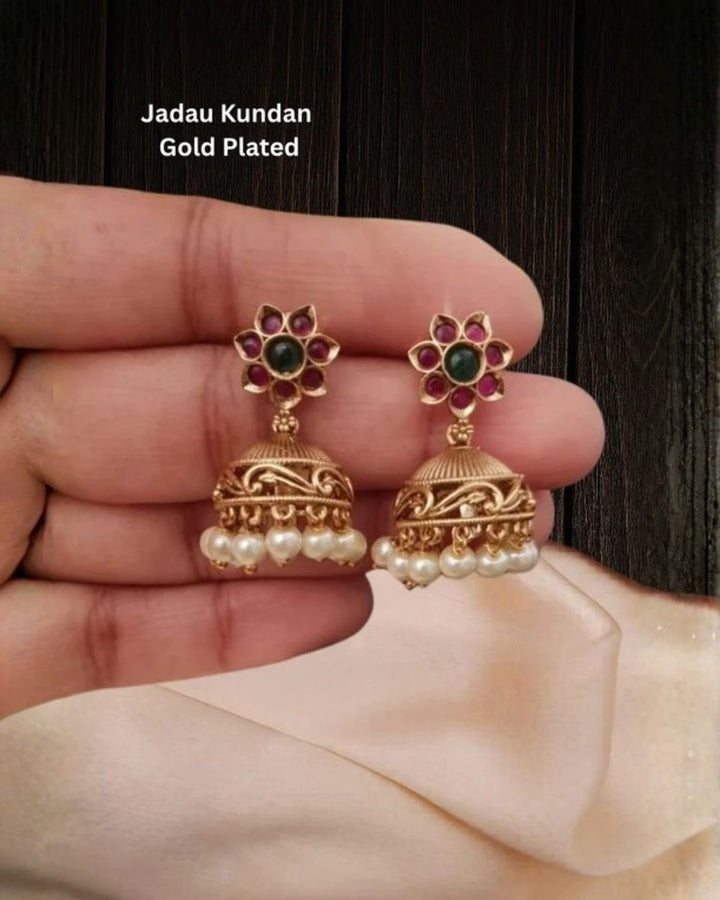Antique Gold Plated Jhumkas with Pearls For Kids