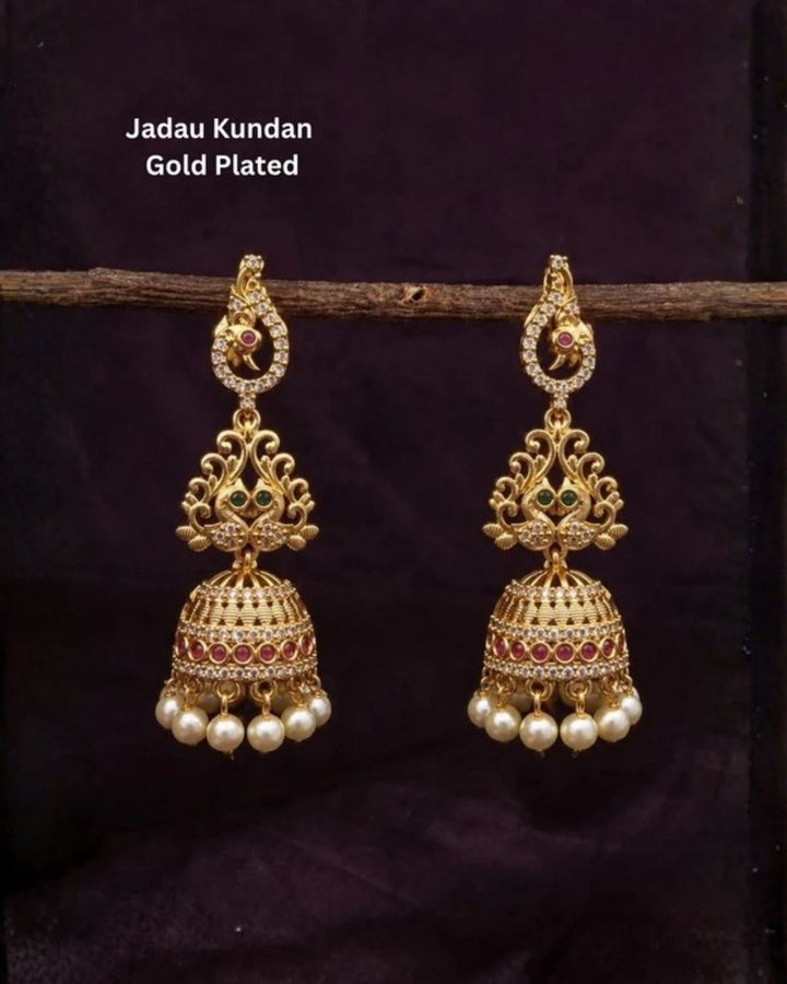Gold Plated Peacock Pearl Drop Jhumkas