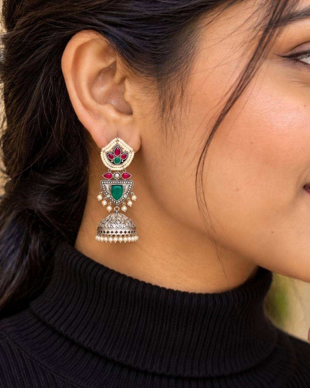 Rajsi Gold Plated Emerald &amp; Ruby Shield Drops Earrings