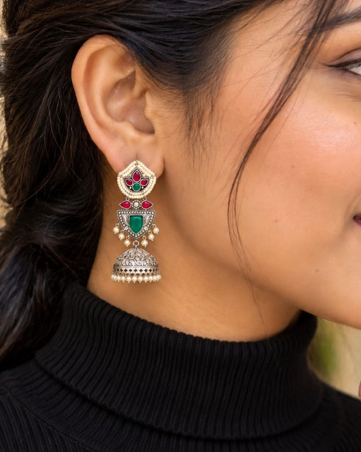 Rajsi Gold Plated Emerald &amp; Ruby Shield Drops Earrings