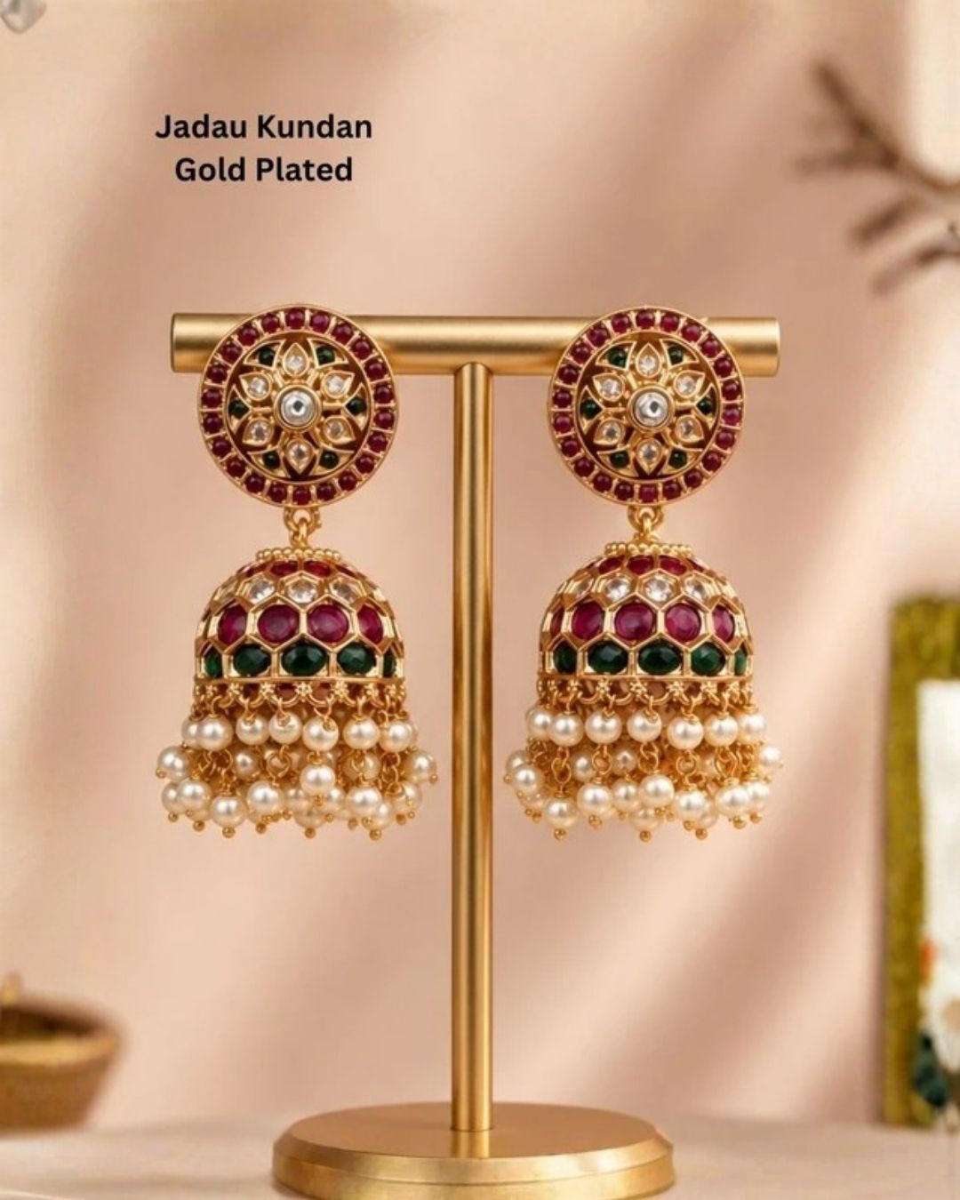 Jadau Kundan Gold Plated Round Flower Jhumkas