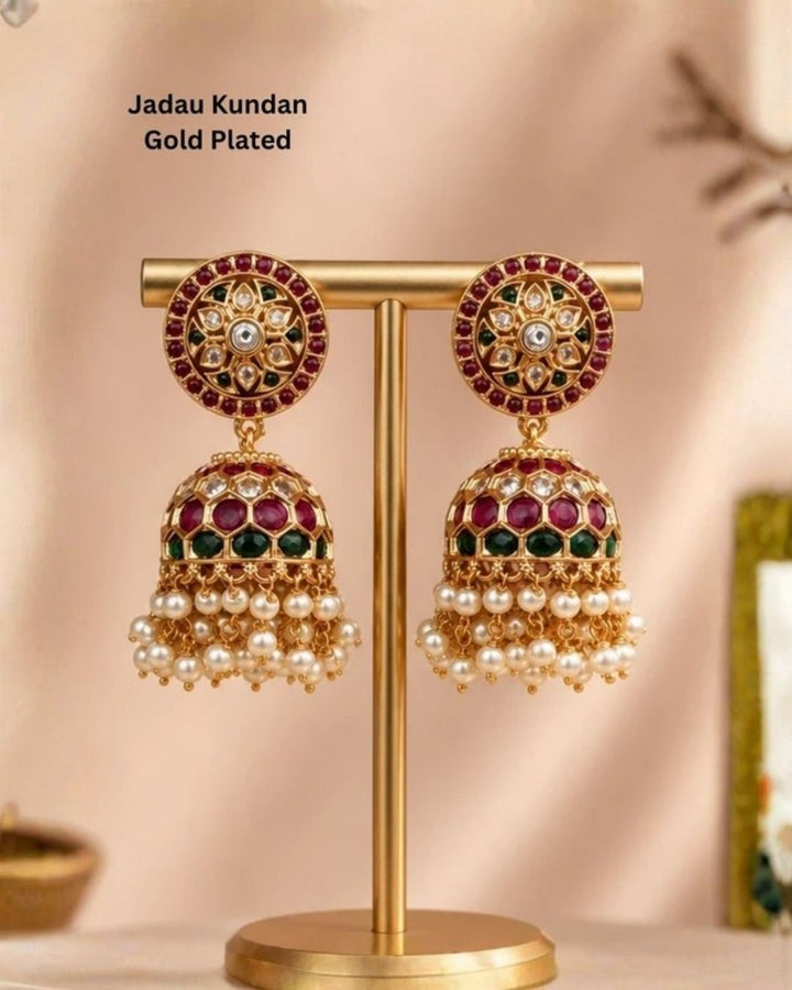 Jadau Kundan Gold Plated Round Flower Jhumkas