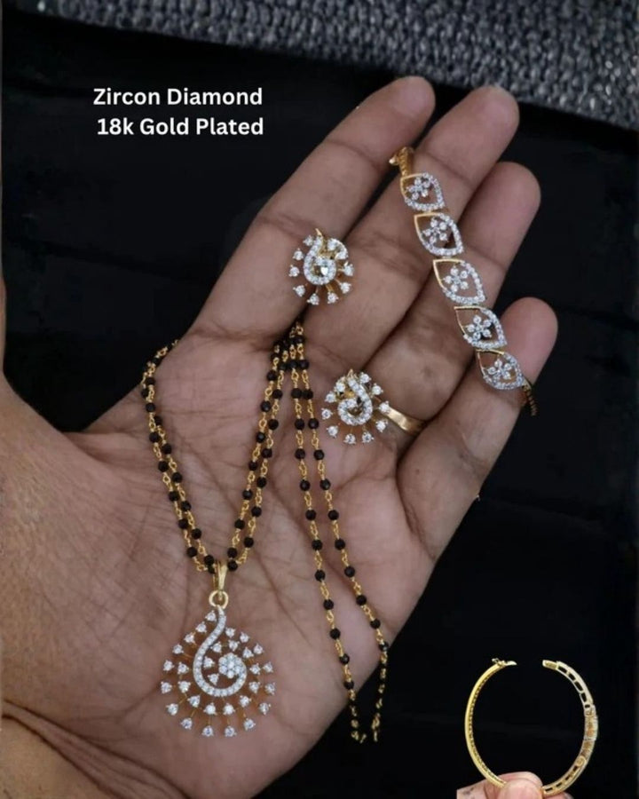 Gold Plated Zircon Diamond Mangalsutra &amp; Studs with Bracelet Combo