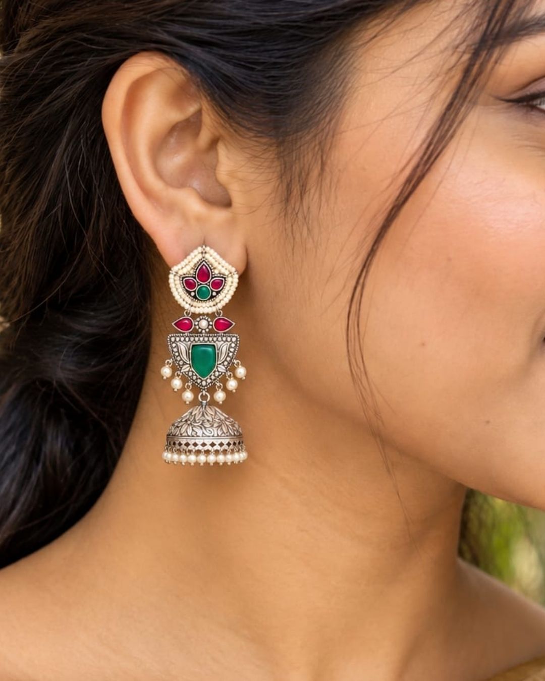 Rajsi Gold Plated Emerald &amp; Ruby Shield Drops Earrings