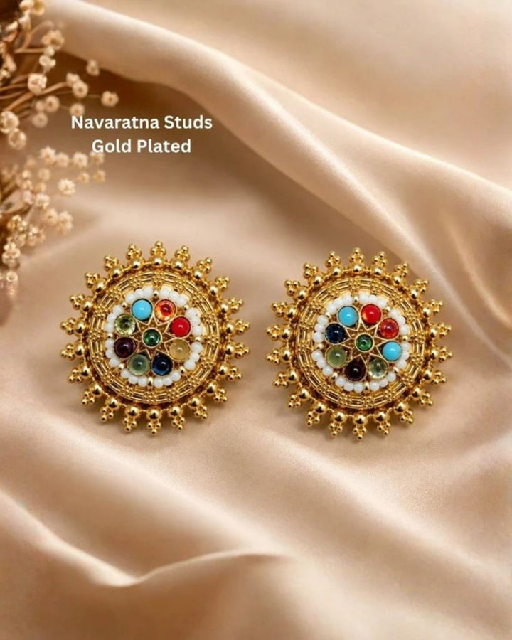 Traditional Gold Plated Navaratna Studs Earrings