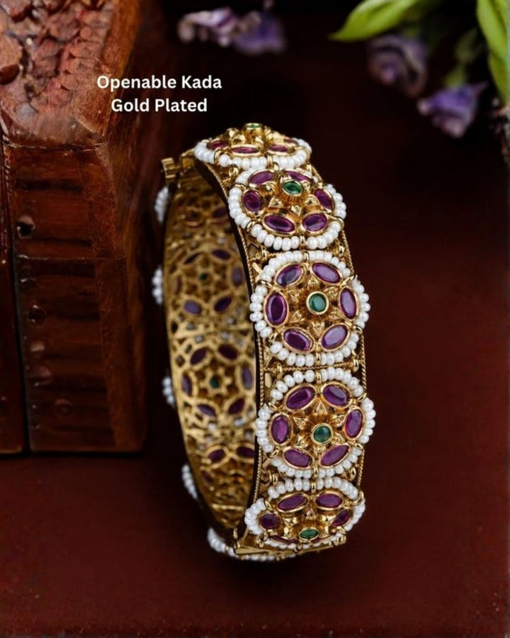 Jadau kundan Gold Plated Pearl Kundan Openable Kada