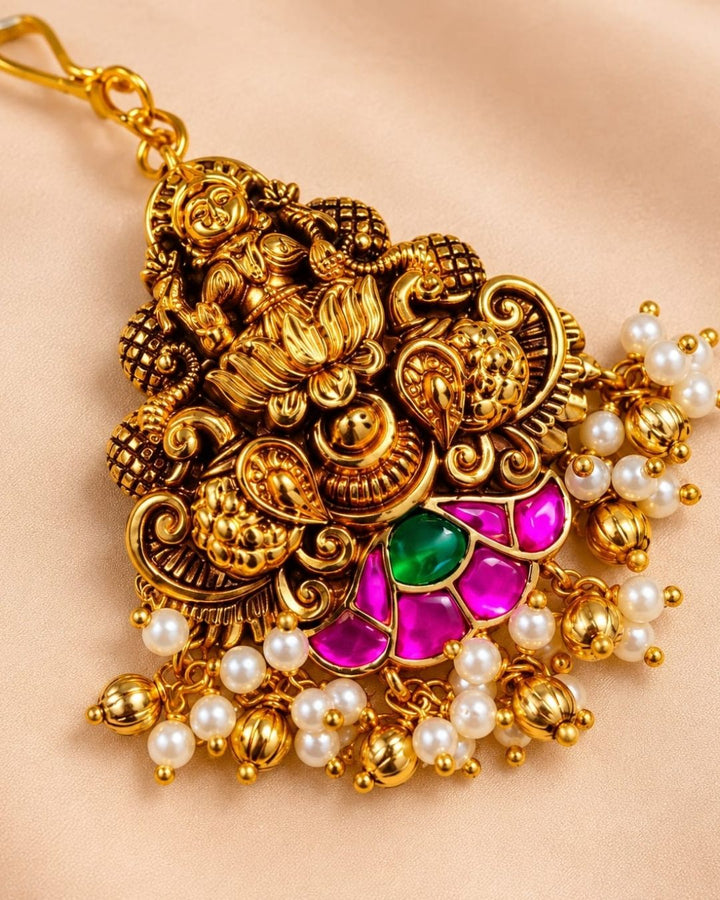 Gold Plated Laxmi Pink Green Stone