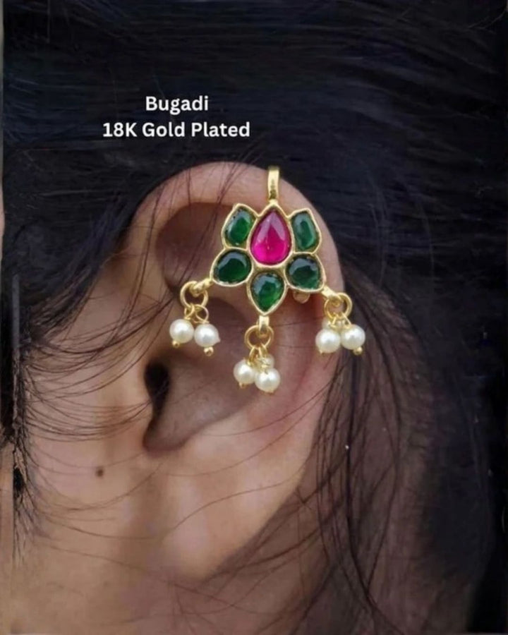 Kundan Gold Plated Kemp Pearl Accents Bugadi Earrings