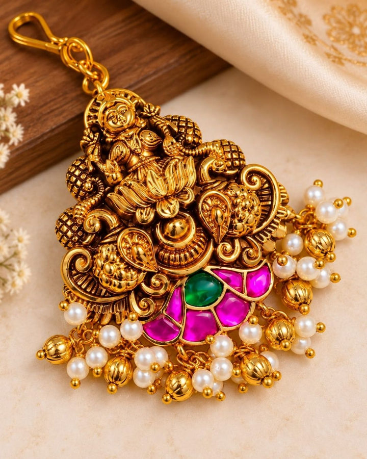 Gold Plated Laxmi Pink Green Stone