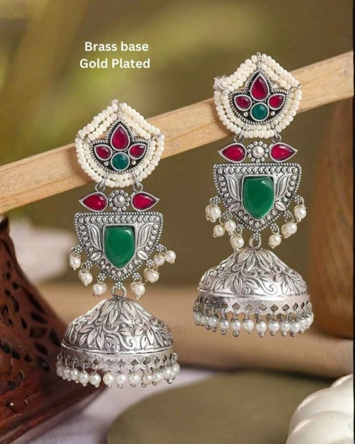 Rajsi Gold Plated Emerald &amp; Ruby Shield Drops Earrings