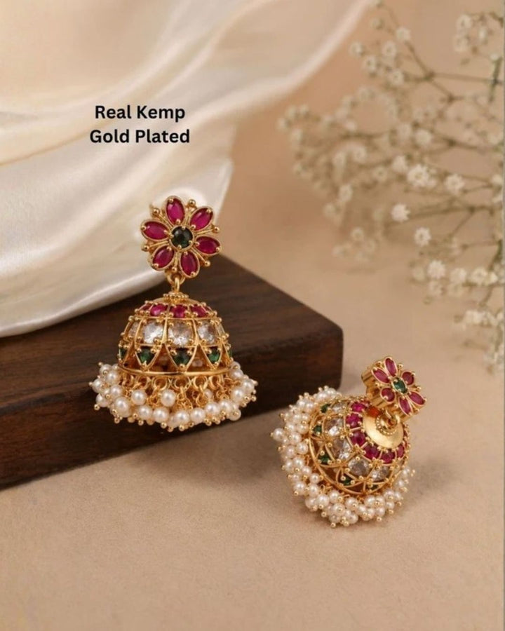 Jadau Kundan Kemp Gold Plated Jhumkas