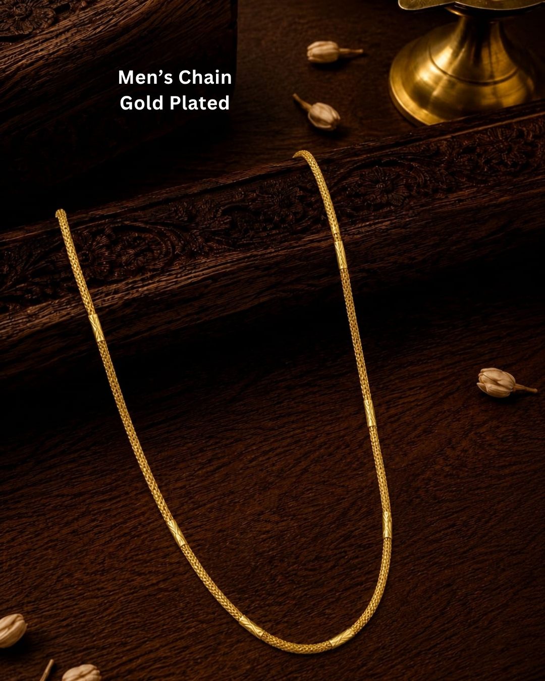 Beautiful mesh-style gold plated chain featuring intricate woven detailing and elegant cylindrical accents. Perfect for daily wear, festive occasions, traditional outfits, and premium gifting.