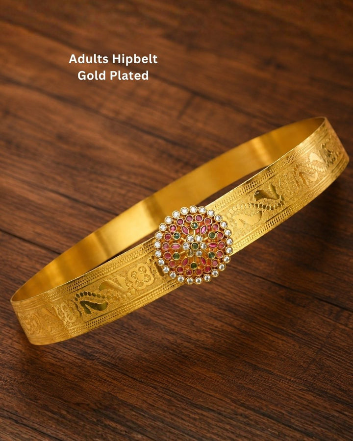 Beautiful gold plated designer hip belt featuring pink, green, and white stone accents with a removable floral pendant. Suitable for kids and adults, perfect for traditional outfits, festive occasions, dance performances, weddings, and special events.