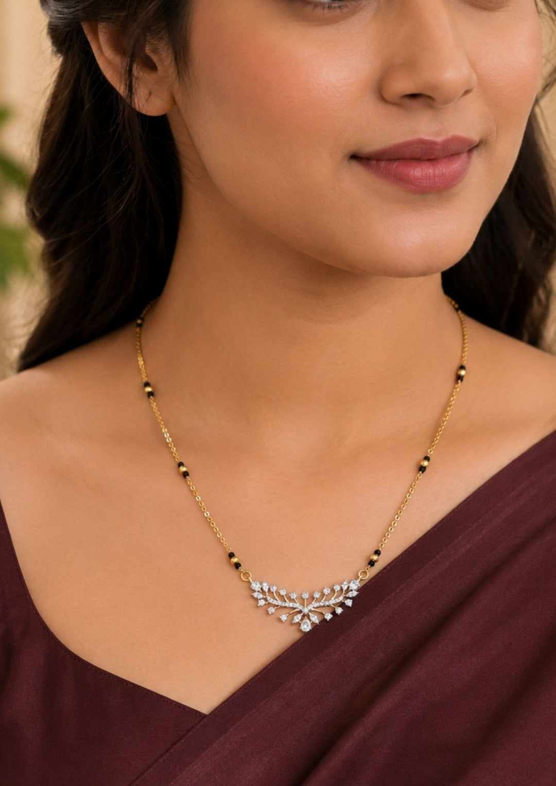 South indians women's Gold plated black beads mangalsutra featuring an elegant lotus Model-inspired zircon centerpiece with delicate curved detailing. Lightweight and lotus model crafted for everyday elegance, festive occasions, and gifting.