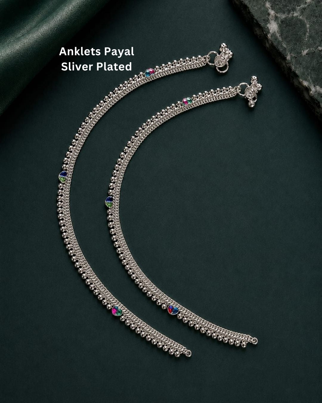 Beautiful silver oxidised anklet set featuring layered chain work, delicate bead detailing, and colorful enamel charms. Perfect for traditional occasions, festive wear, daily wear, and gifting.