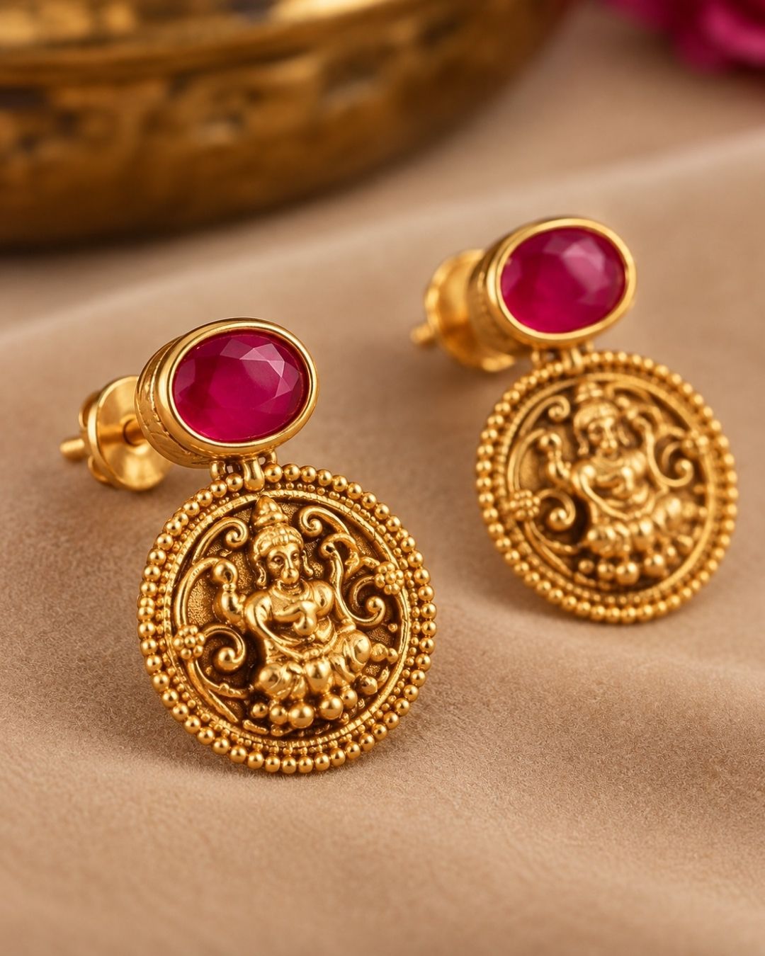 18k gold plated mangalsutra featuring a multi-strand black bead chain connected to a crescent of gold Lakshmi coins interspersed with colorful Navaratna gemstones. Includes matching gold Lakshmi coin earrings.