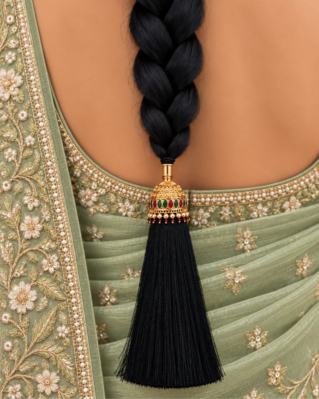 Elegant gold plated Jada Gantalu with an ornate dome-shaped design, green and pink stones, pearl and bead accents, and long black tassels, perfect for bridal and festive hairstyles.