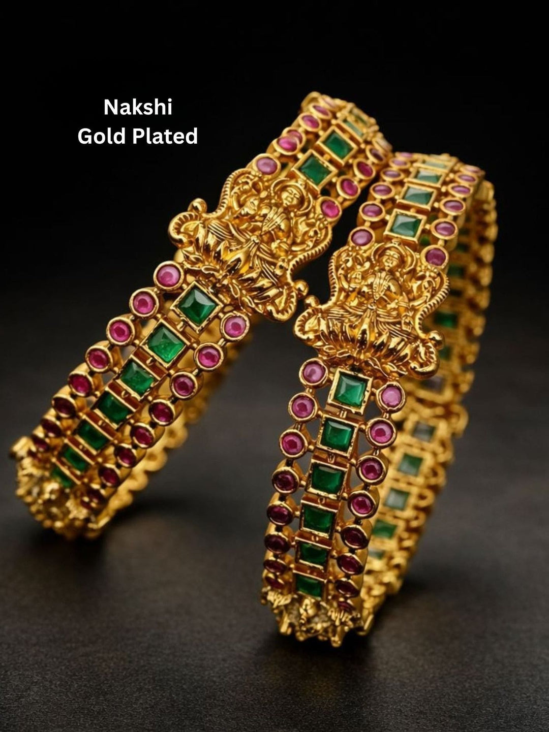 Gold-plated bangles with green and red stones Temple Bangles 