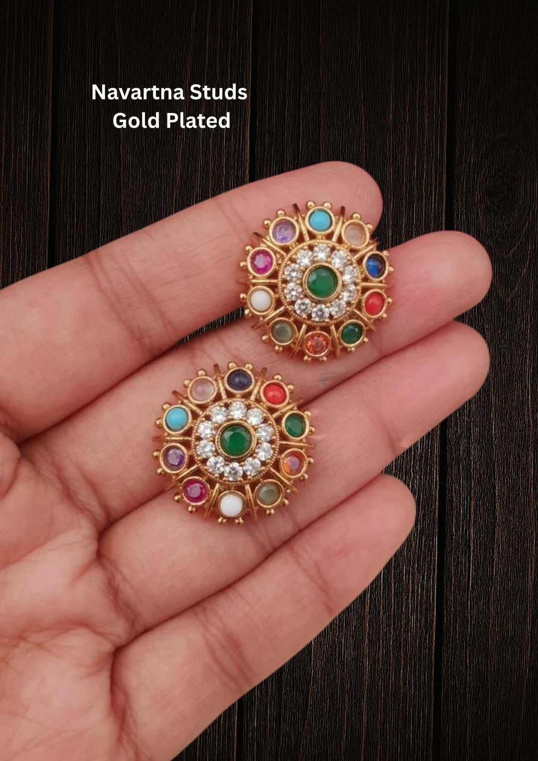 Gold-plated Navartha studs with colorful gemstones  with traditional look with waterproof, anti fade used for weddings, festivals and ideal for gifting. 
