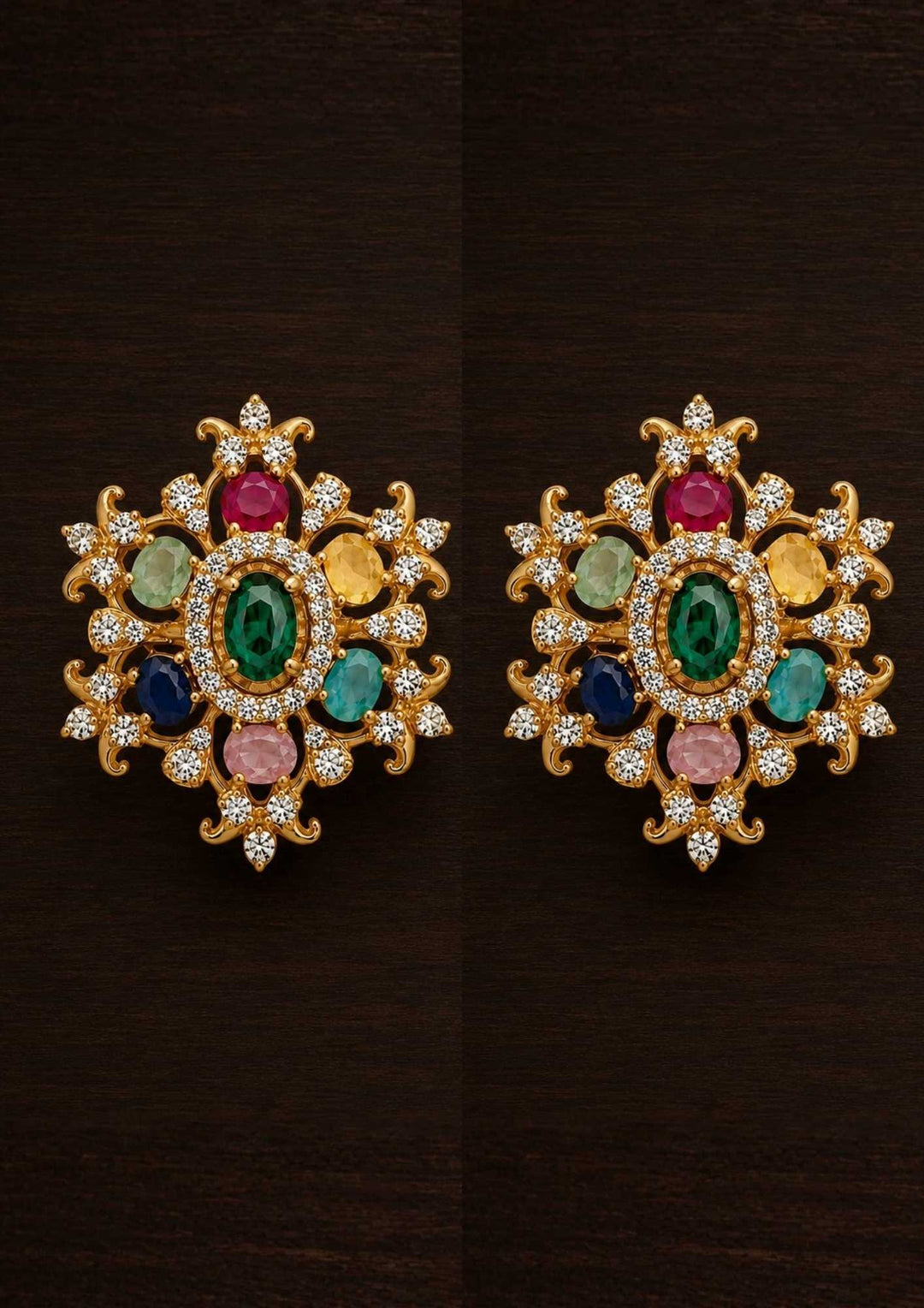 Pair of ornate earrings with navaratana gemstones