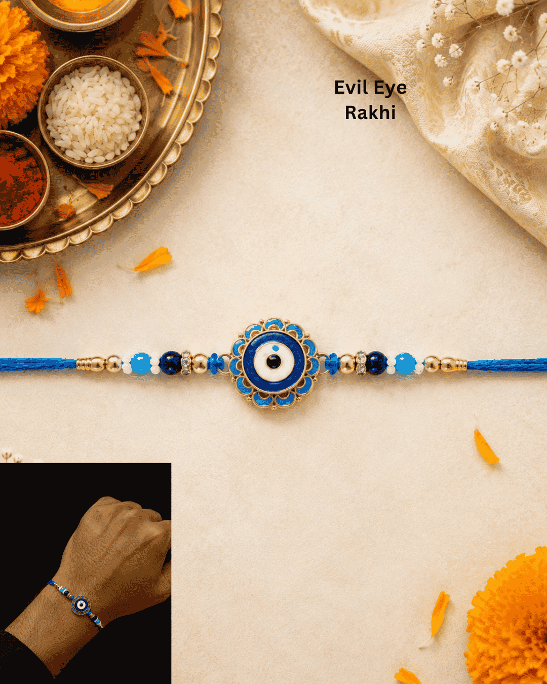 Elegant Evil Eye Rakhi with a blue enamel charm, gold-tone accents, and blue bead detailing, designed for stylish Raksha Bandhan celebrations.