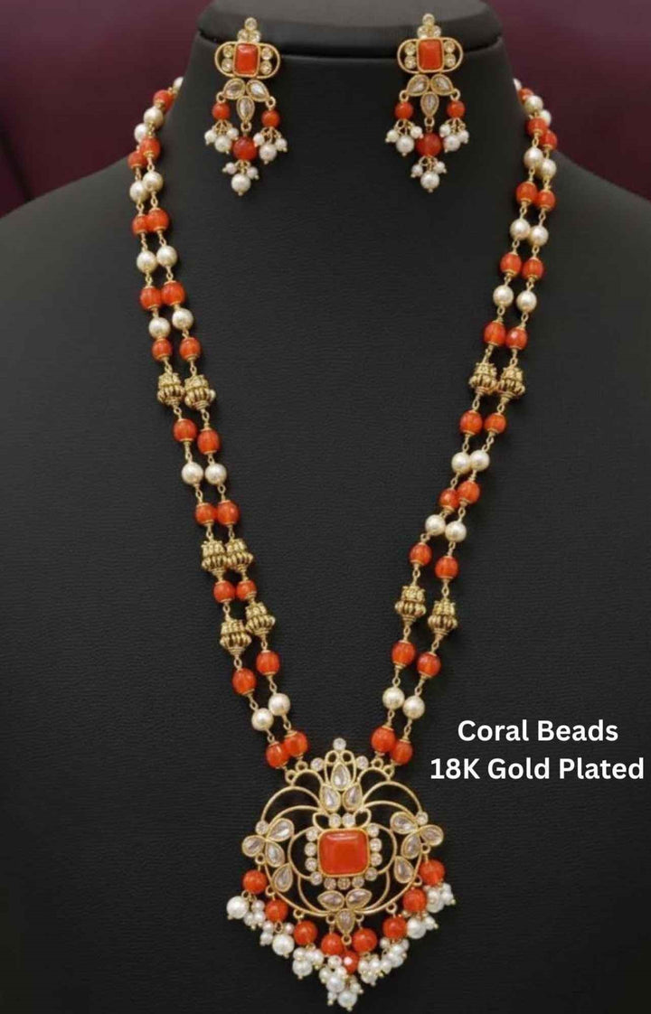 Necklace set with coral beads and 18K gold plating