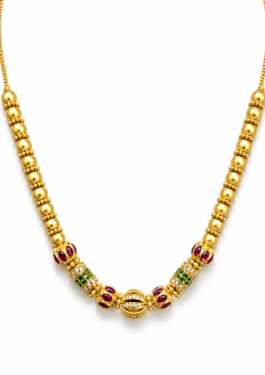 Gold-plated necklace with gemstones Gold-plated necklace with intricate design necklace and with green and red stones come with jadau kundan in necklace with beads and in pendent shows clear design and in detailed shown in picture it will not fade color and water proof can used for festivals, bridals, and weeding&