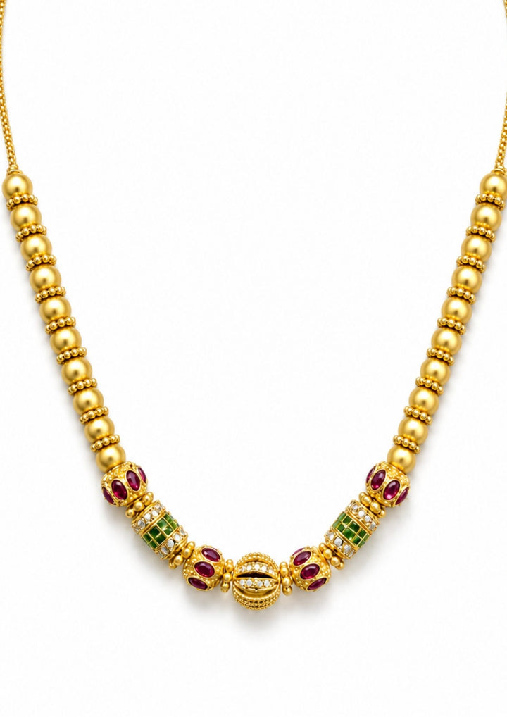 Gold-plated necklace with gemstones Gold-plated necklace with intricate design necklace and with green and red stones come with jadau kundan in necklace with beads and in pendent shows clear design and in detailed shown in picture it will not fade color and water proof can used for festivals, bridals, and weeding&
