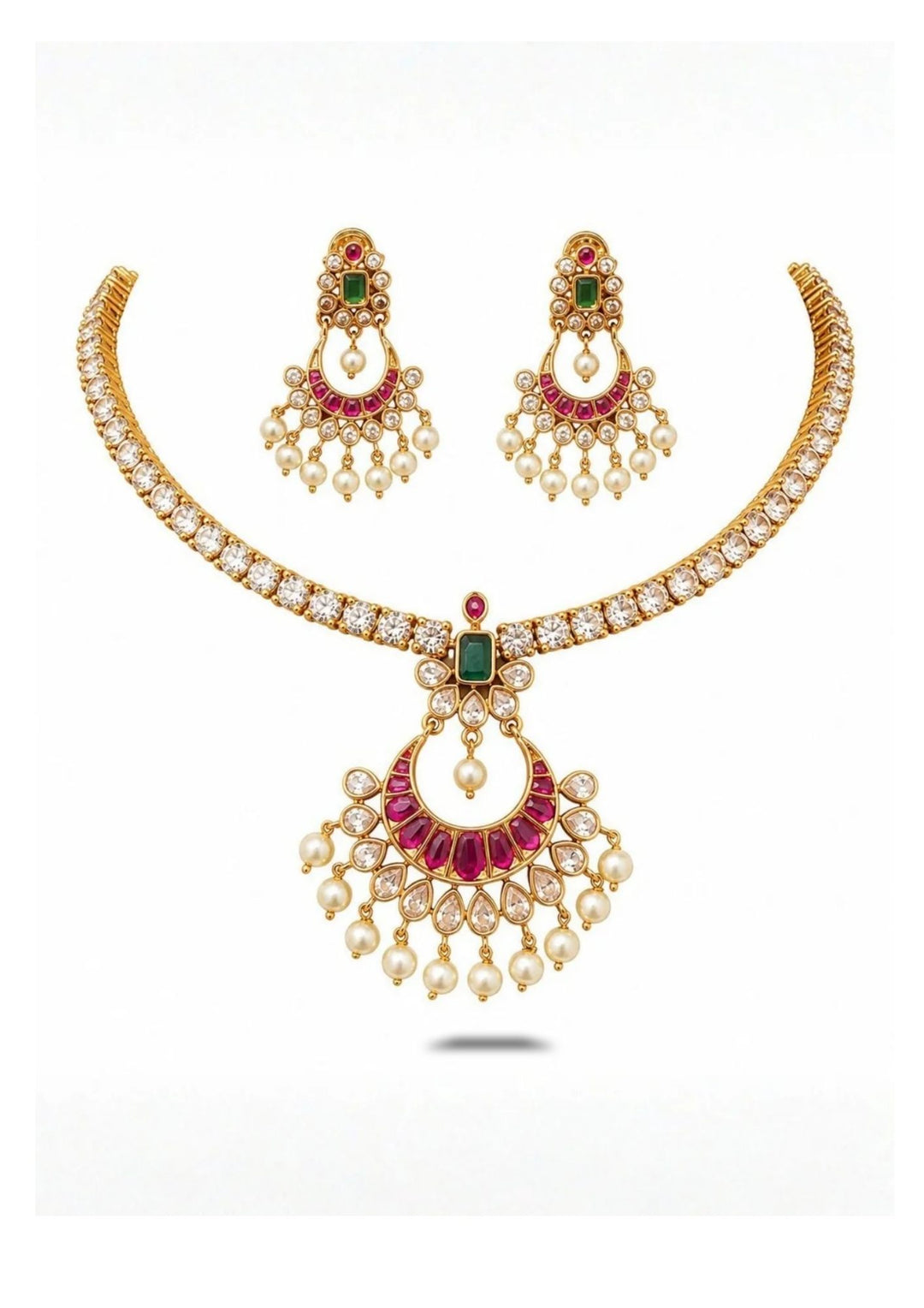 Jadau Kundan Gold Plated Necklace with Chand Bali Earrings in White Background will be very clear look with classy elegance  