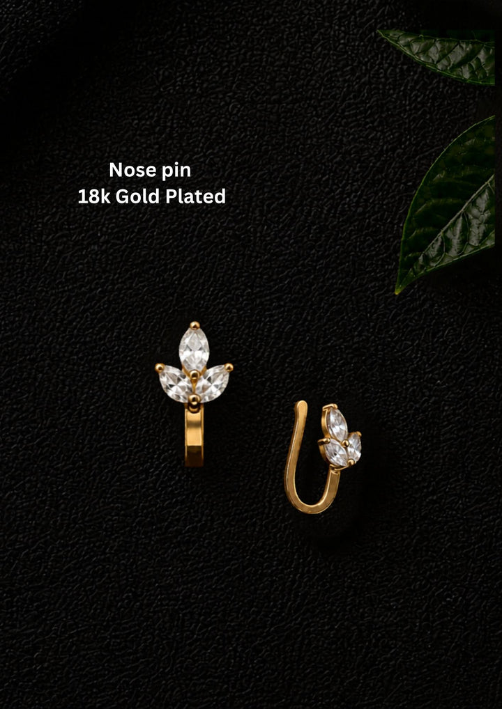 Gold-plated nose pin design with 3 leaf design using zircon diamonds with back open its perfect for weddings, dailywear and it is antifade color.