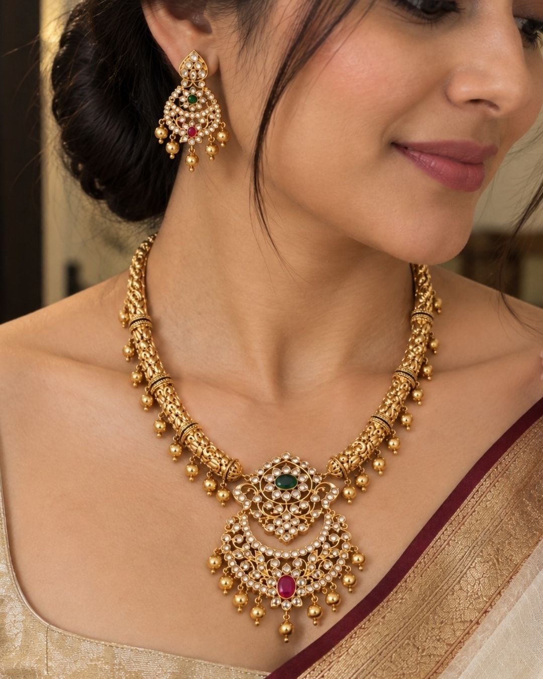 Jadau Kundan Gold Plated Beads Antique Necklace with Earrings