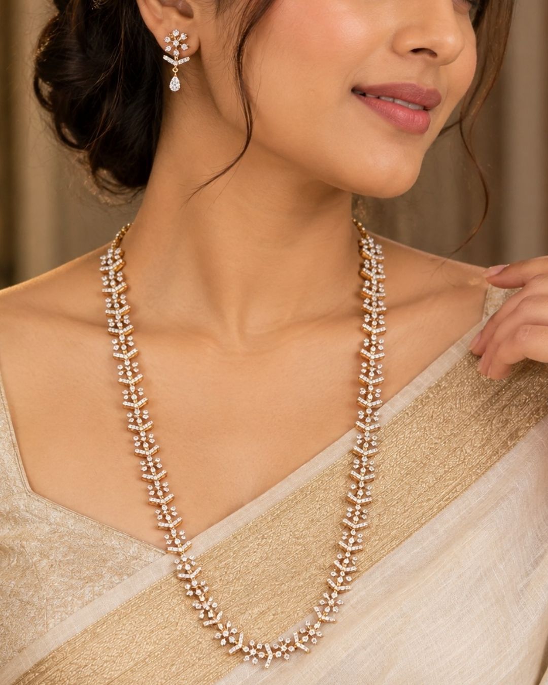 Zircon Diamond Gold Plated Star Cluster Long Necklace Set