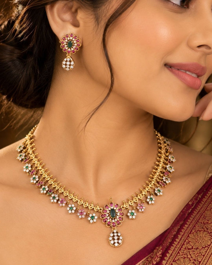 Gold Plated Kemp Floral Necklace With Earrings