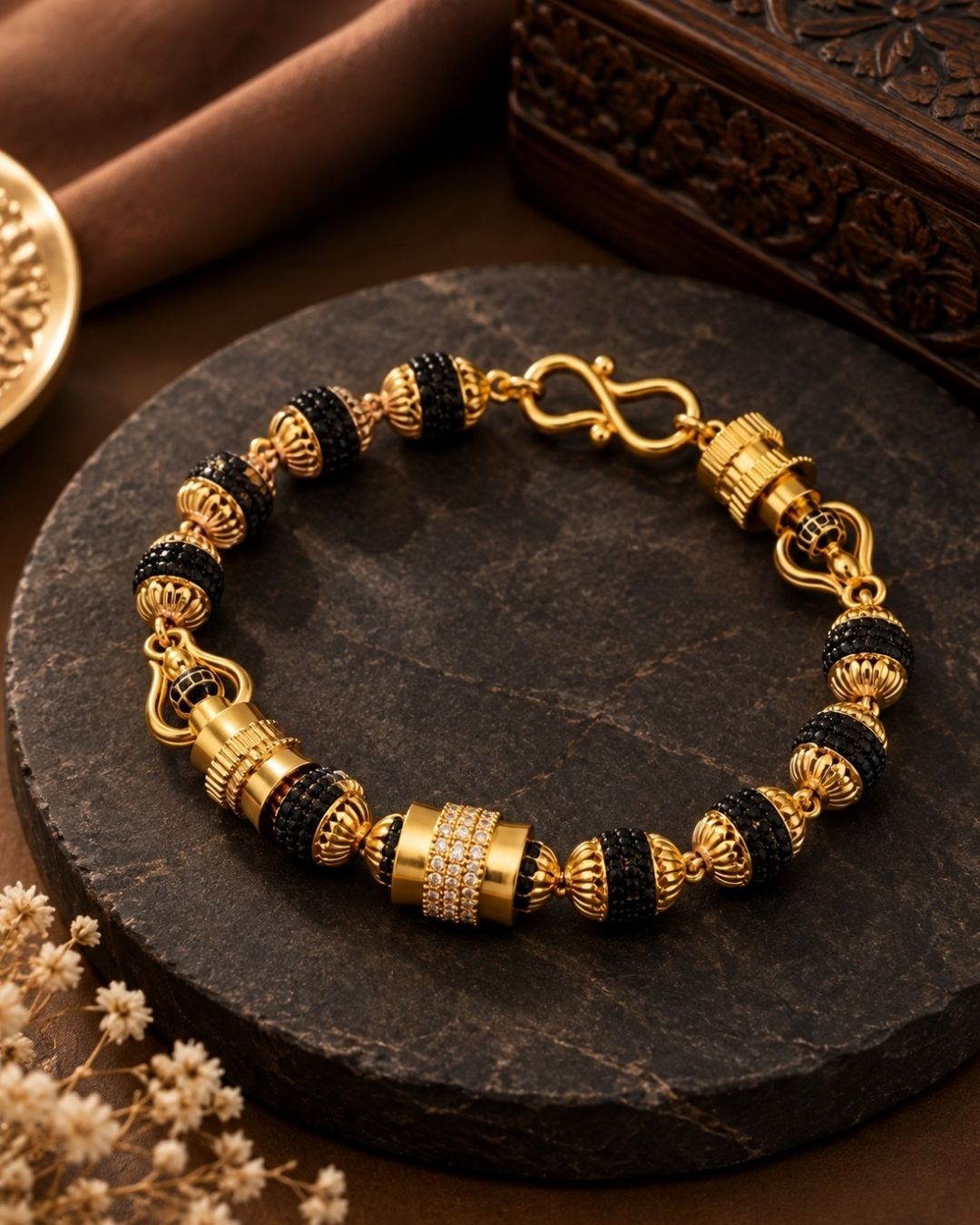 Gold Plated Men’s Bracelet with Black Rudhraksh And Damaru
