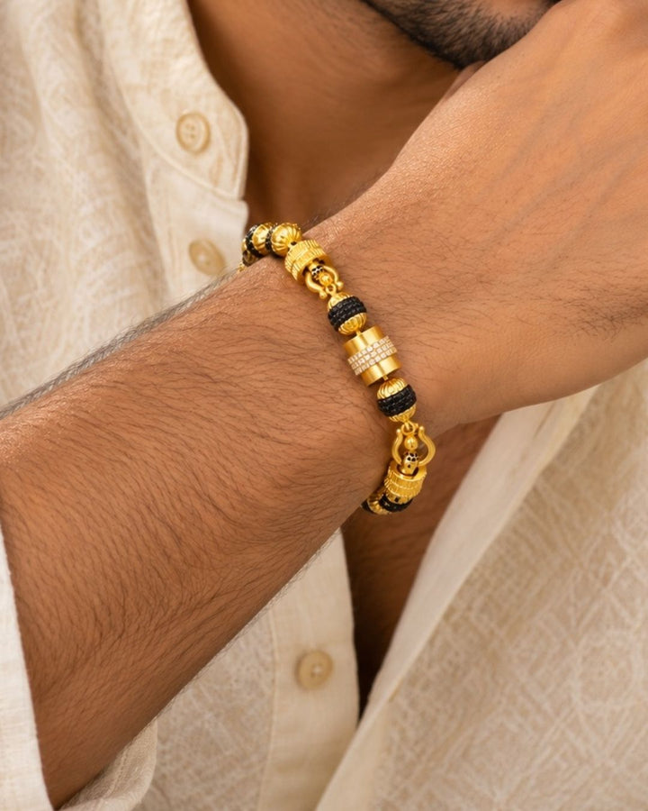 Gold Plated Men’s Bracelet with Black Rudhraksh And Damaru