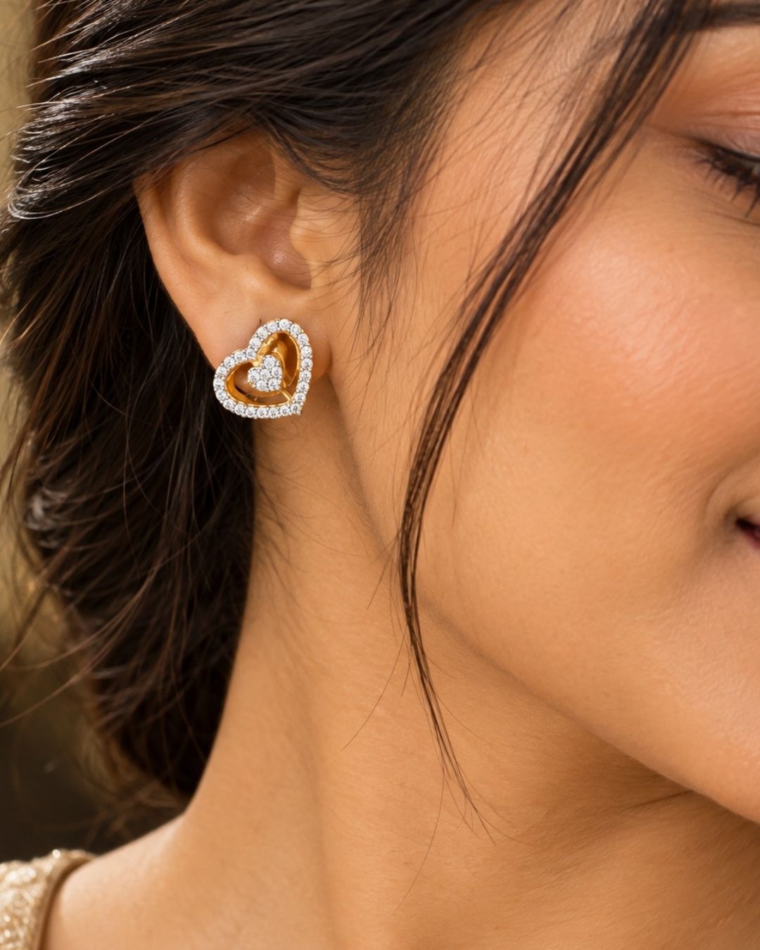 Zircon Diamond Gold Plated Heart Shape Studs