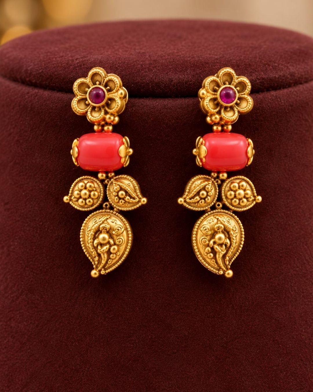 Gold Plated Coral Temple Necklace Set with Earrings