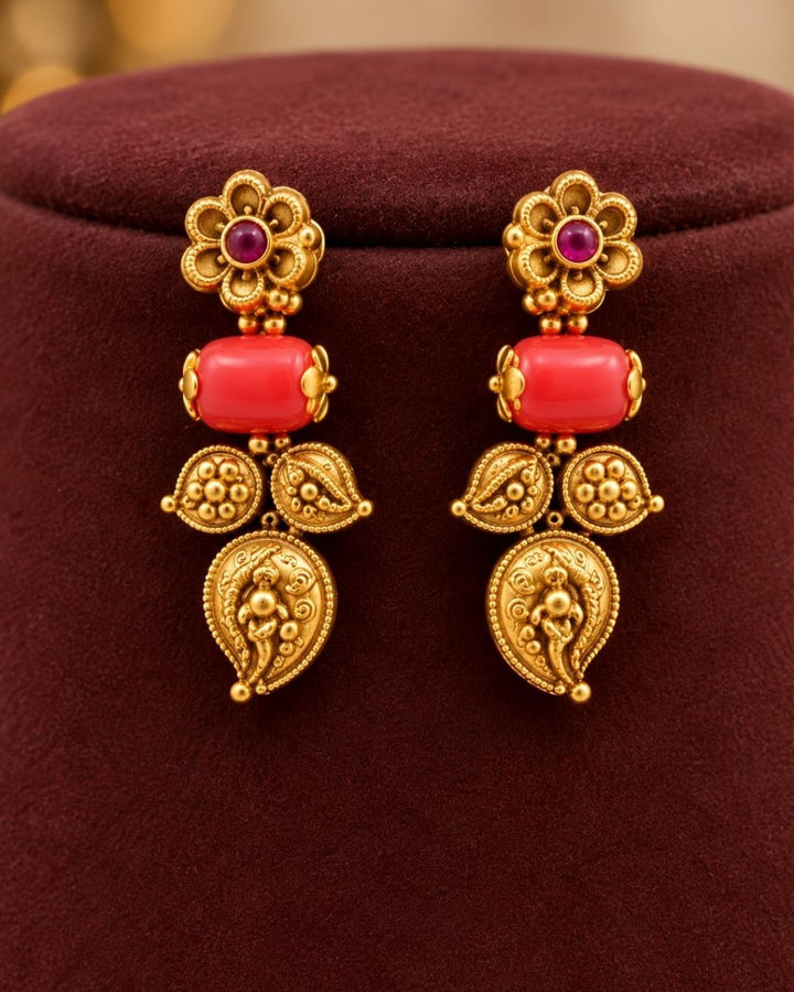 Gold Plated Coral Temple Necklace Set with Earrings