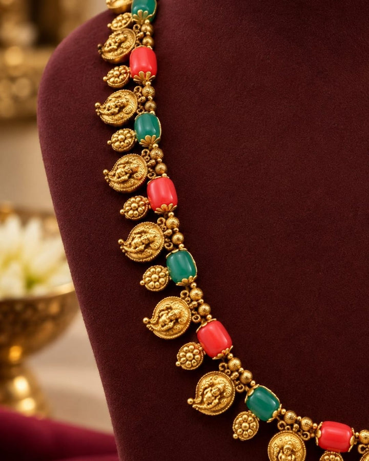 Gold Plated Coral Temple Necklace Set with Earrings