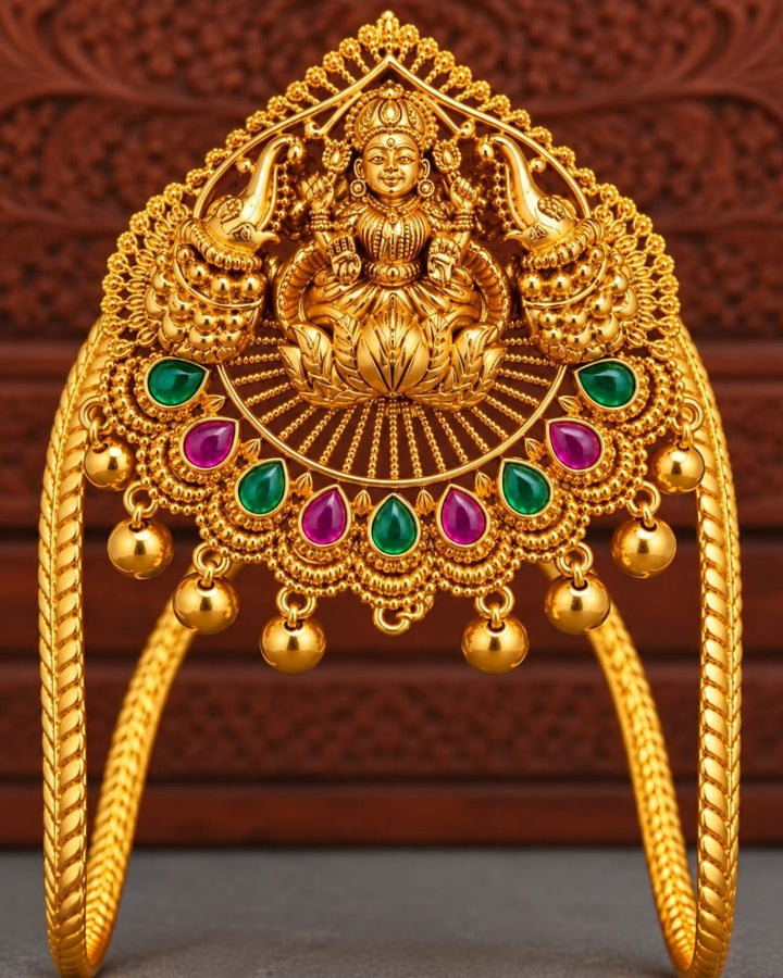 Gold Plated Lakshmi Devi Green and Ruby Stone Vanki Armlet