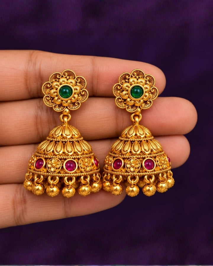Gold Plated Green and Ruby Stone Traditional Jhumka Earrings
