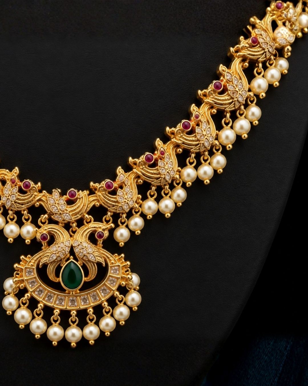 Gold Plated Jadau Kundan Peacock Pearl Necklace Set