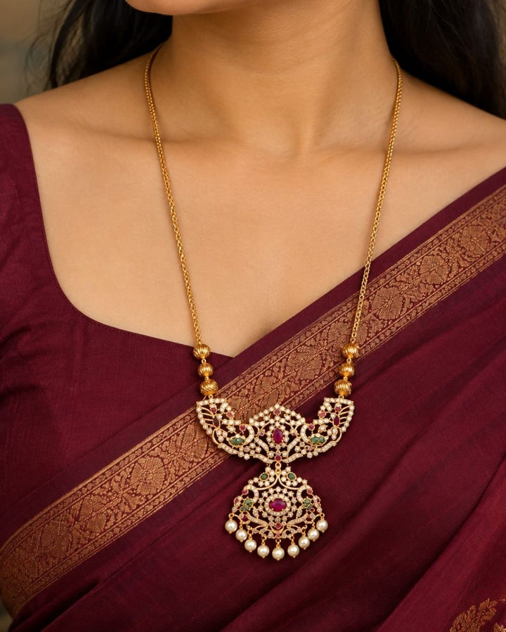 Zircon Diamond Gold Plated Long Pearl Drop Necklace