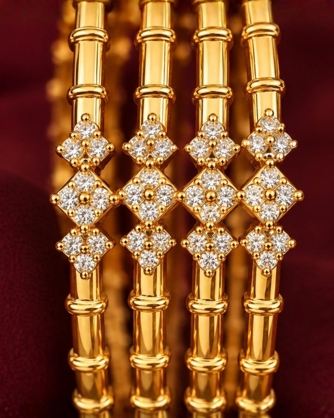 Zircon Diamond Gold Plated Floral Bangles (Set of 4)