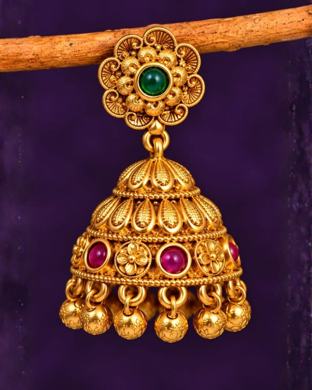 Gold Plated Green and Ruby Stone Traditional Jhumka Earrings