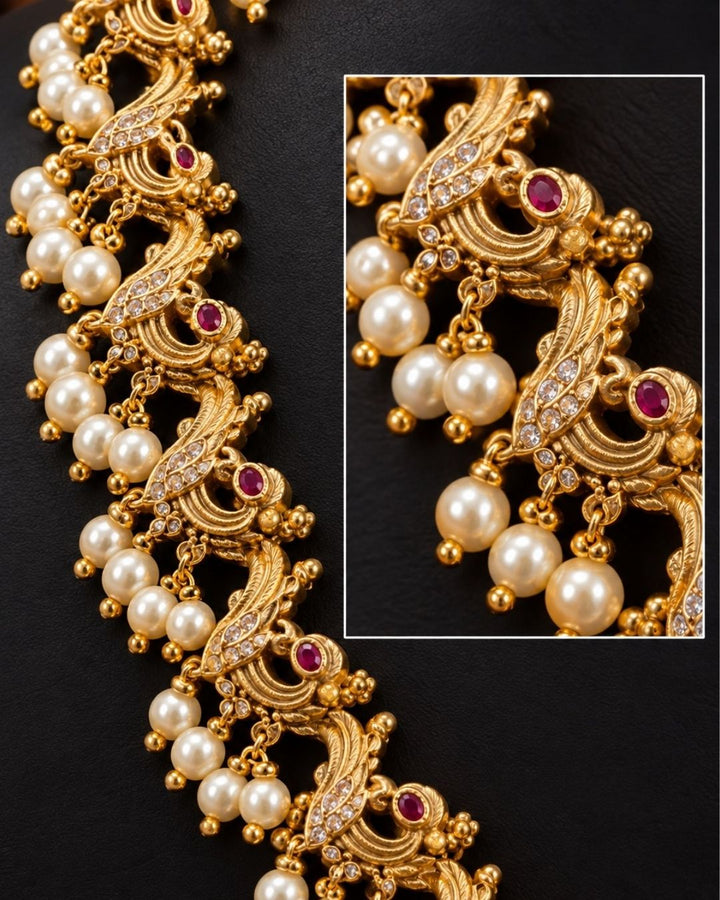 Gold Plated Jadau Kundan Peacock Pearl Necklace Set
