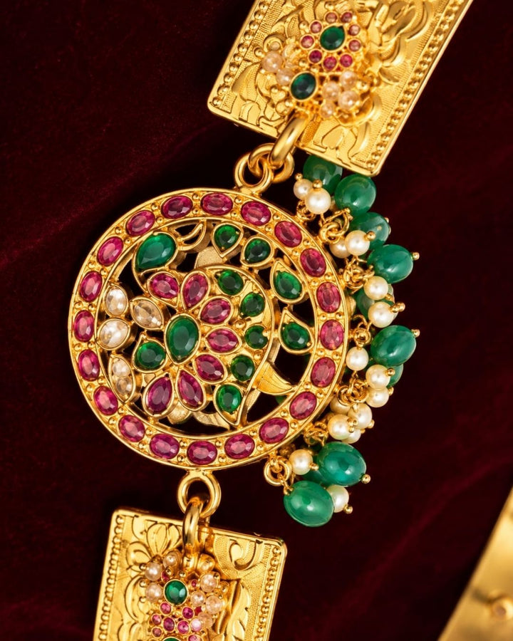 Gold Plated Designer Kamarbandh Hip Belt with Multicolor Stones