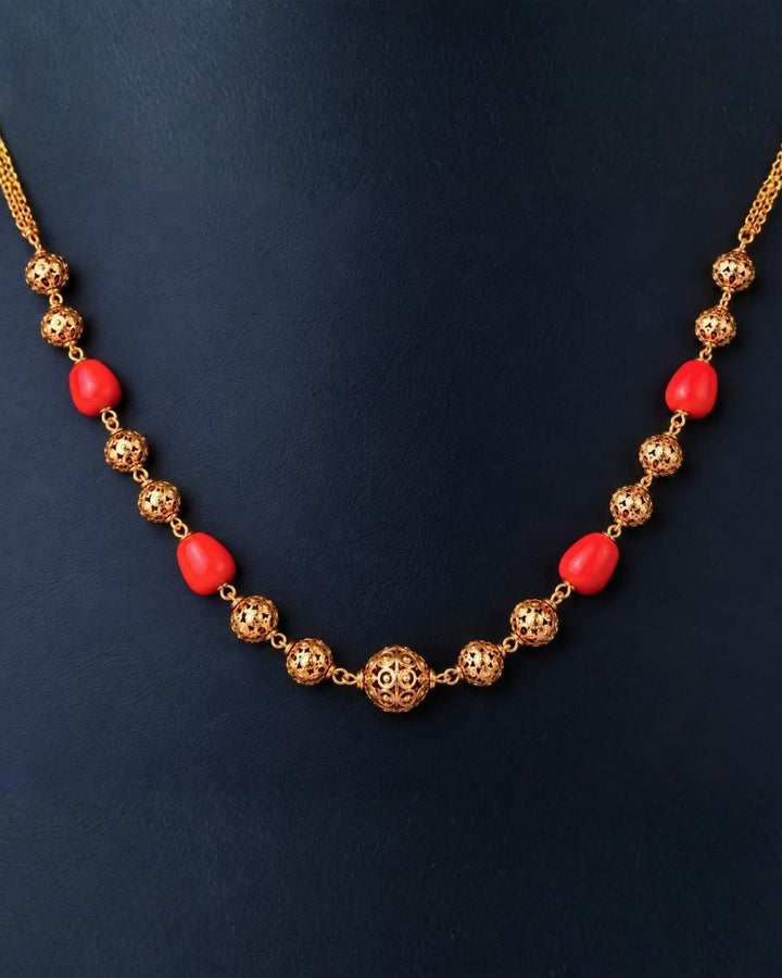 Gold Plated Orange Coral Bead Mala Necklace for Women